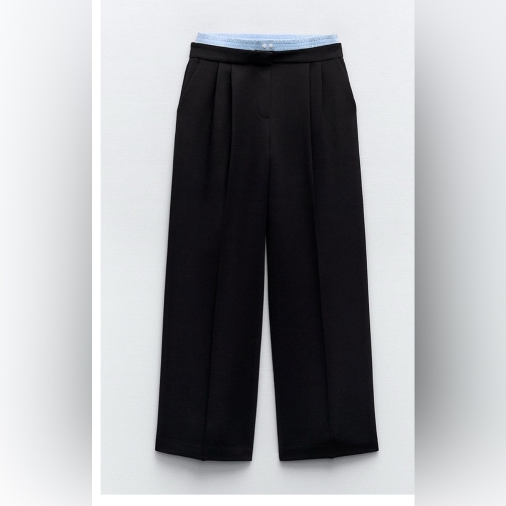 Zara Black Wide-Leg Pants with contrast blue shimmer waistband